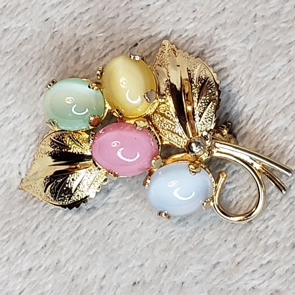 Moonstone multicolor Flower and Leaf Brooch.